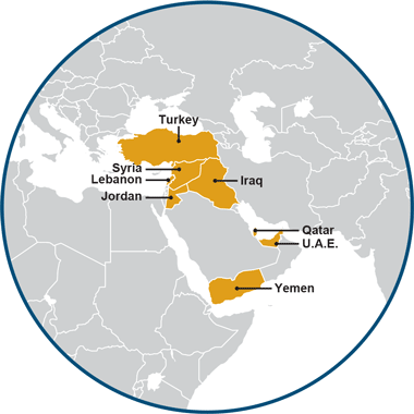 This geographic map of the Middle East highlights 8 countries: Turkey, Syria, Lebanon, Jordan, Iraq, Qatar, U.A.E. and Yeman