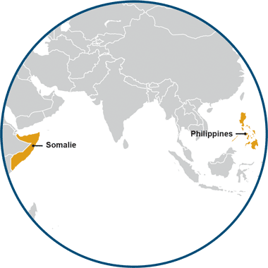 Cette carte géographique représente 2 pays : la Somalie et les Philippines.