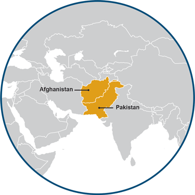 This geographic map of South Asia highlights 2 countries: Afghanistan and Pakistan.